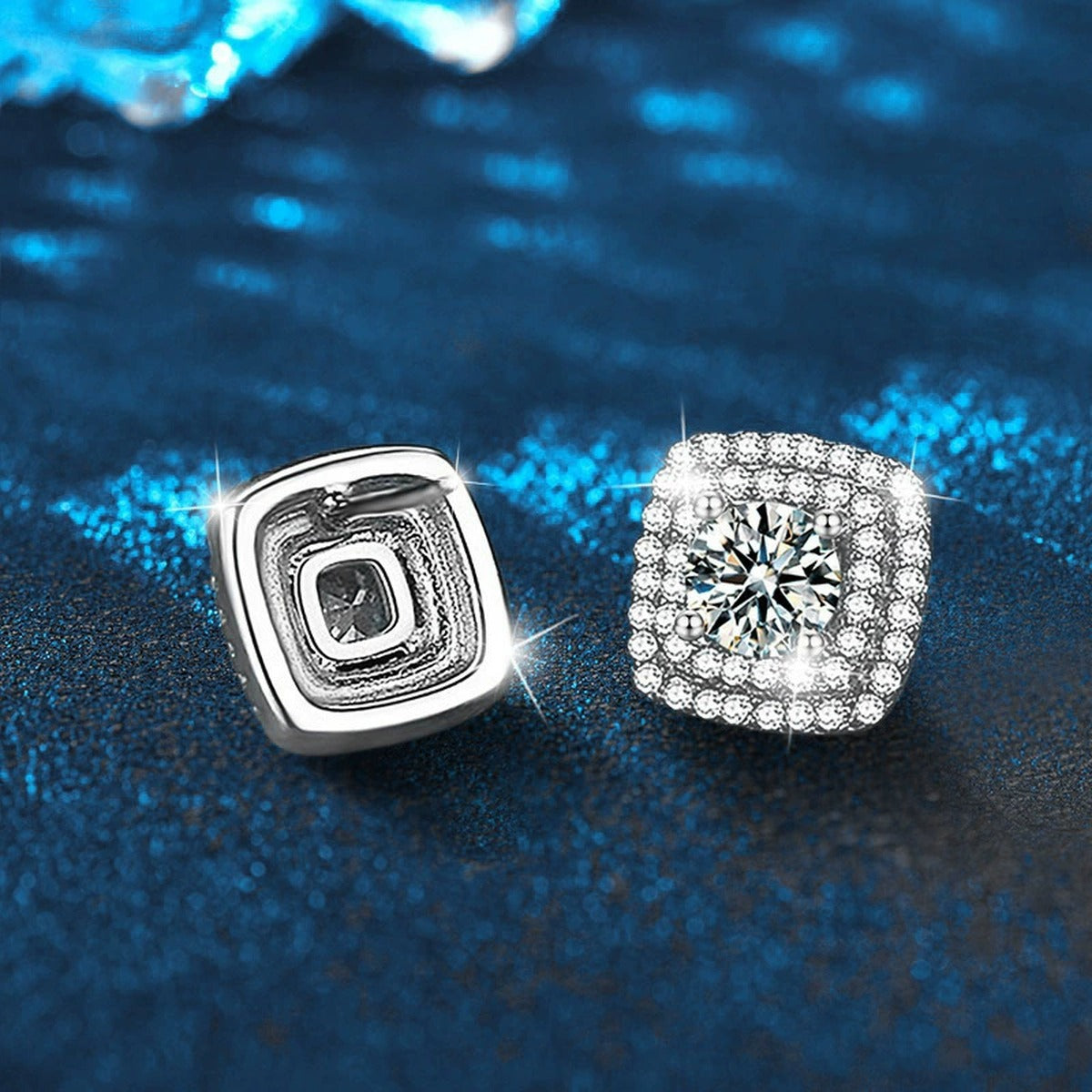 Cushion Halo Round Moissanite Stud Earrings with CZ in White Gold-Plated S925 sterling silver product scene view showing angled setting detail