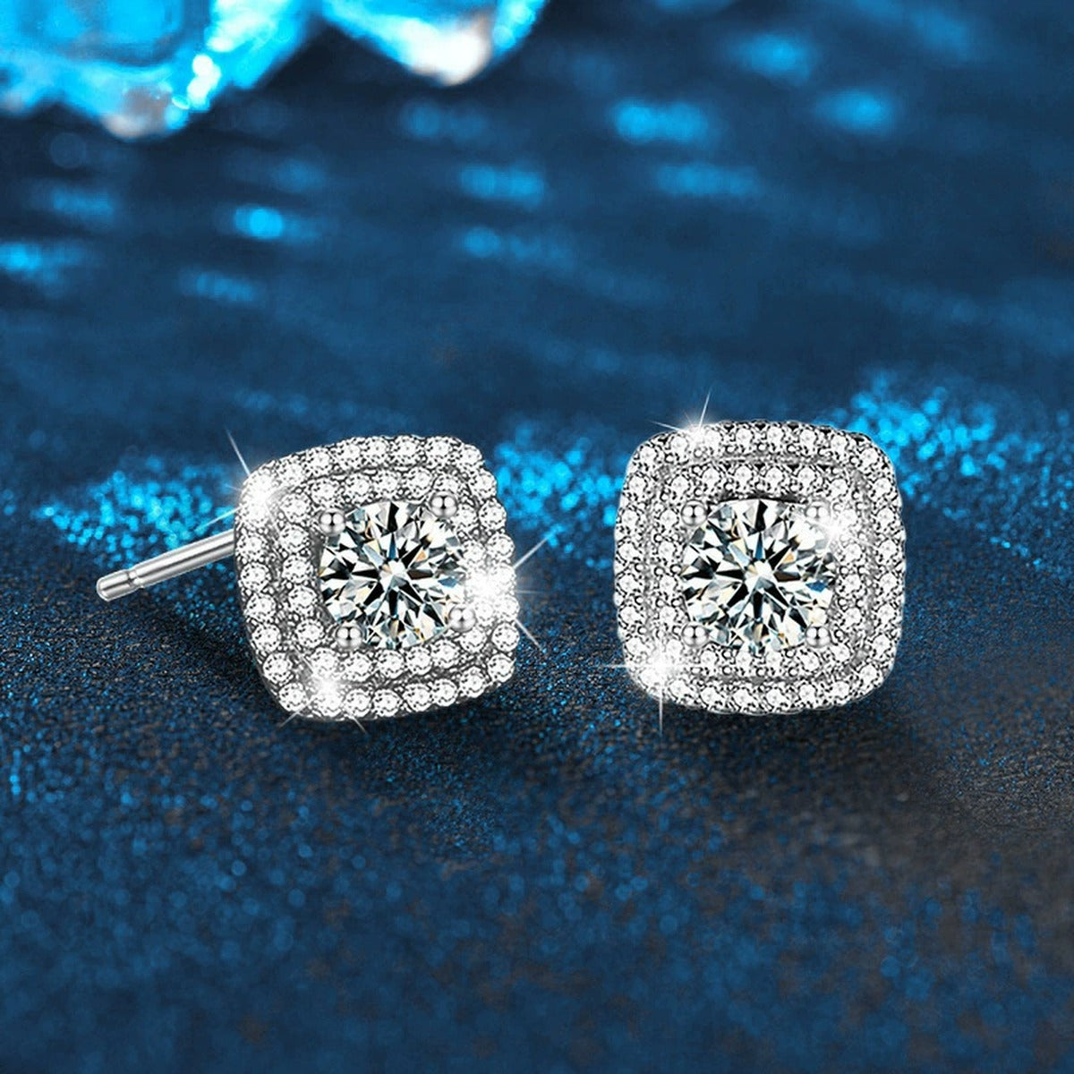 Cushion Halo Round Moissanite Stud Earrings with CZ in White Gold-Plated S925 sterling silver product scene view showing side profile