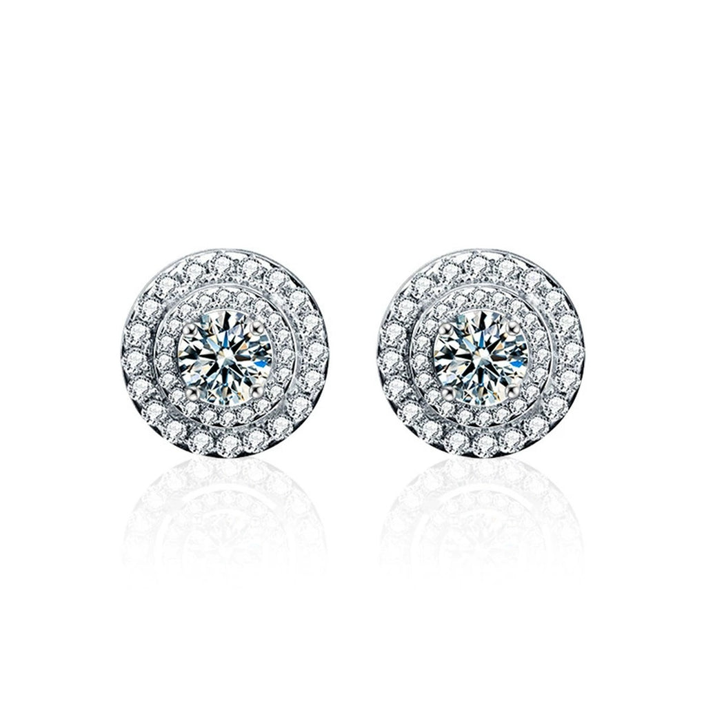 Double Halo Round Moissanite Stud Earrings with CZ in White Gold-Plated S925 sterling silver white background product photo showing the pair, stone shape, and stud earrings silhouette