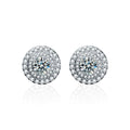 Double Halo Round Moissanite Stud Earrings with CZ in White Gold-Plated S925 sterling silver white background product photo showing the pair, stone shape, and stud earrings silhouette