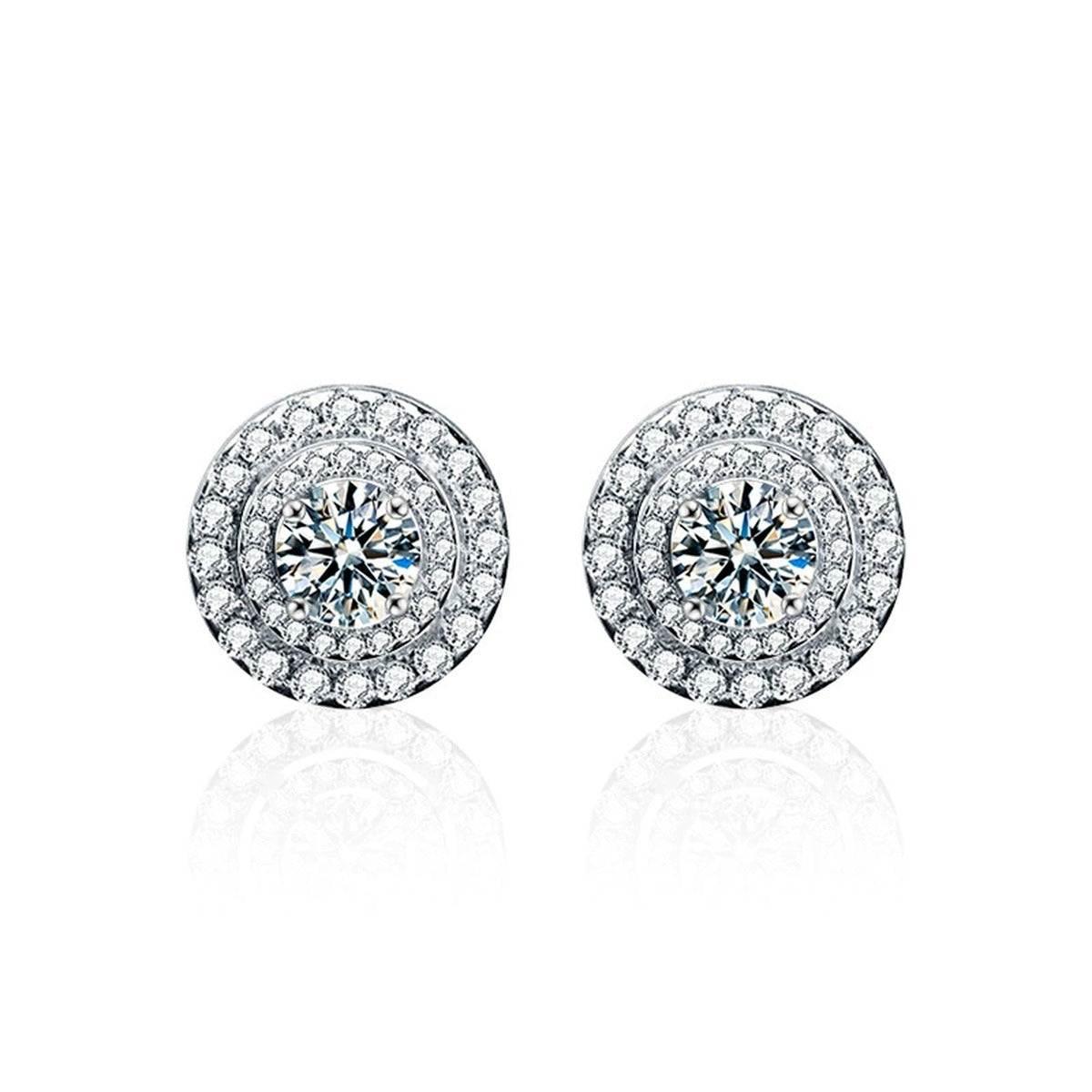 Double Halo Round Moissanite Stud Earrings with CZ in White Gold-Plated S925 sterling silver white background product photo showing the pair, stone shape, and stud earrings silhouette