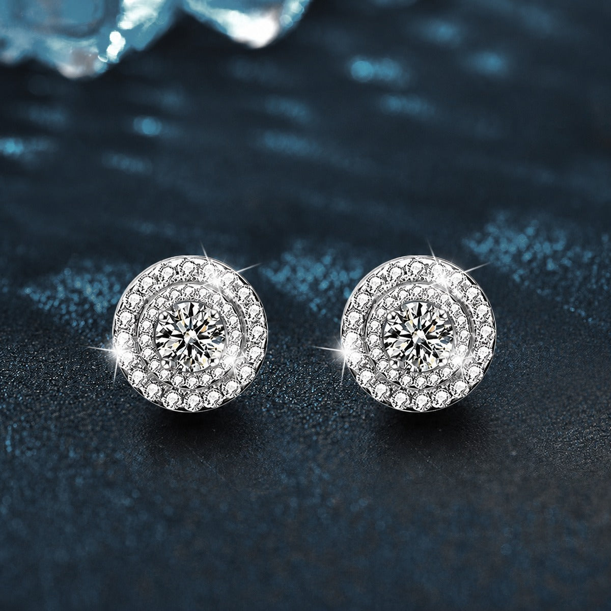 Double Halo Round Moissanite Stud Earrings with CZ in White Gold-Plated S925 sterling silver product scene view showing front sparkle