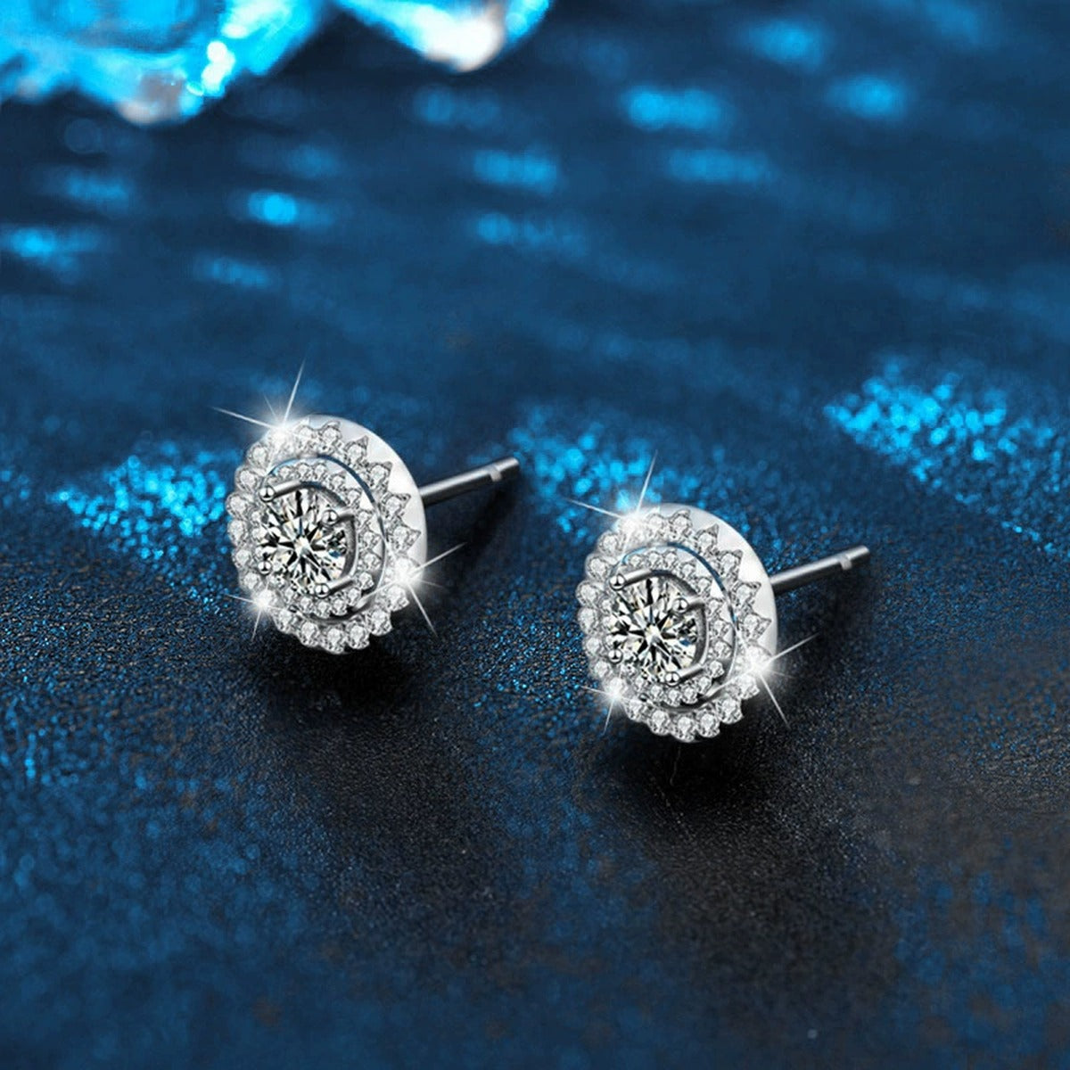Double Halo Round Moissanite Stud Earrings with CZ in White Gold-Plated S925 sterling silver product scene view showing angled setting detail