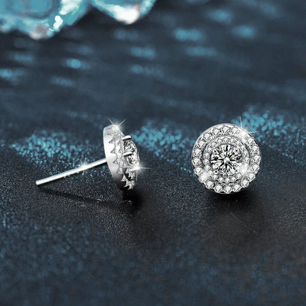 Double Halo Round Moissanite Stud Earrings with CZ in White Gold-Plated S925 sterling silver product scene view showing side profile