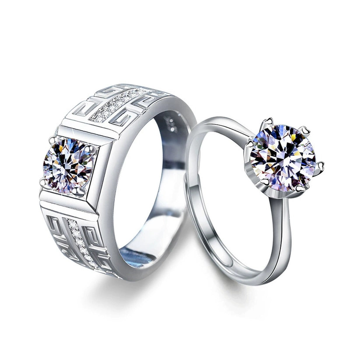 Greek Key Couples Round Moissanite Wedding Rings in white gold-plated S925 sterling silver on clean white background
