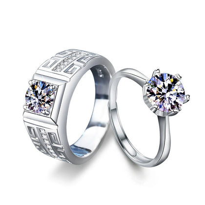 Greek Key Couples Round Moissanite Wedding Rings in white gold-plated S925 sterling silver on clean white background