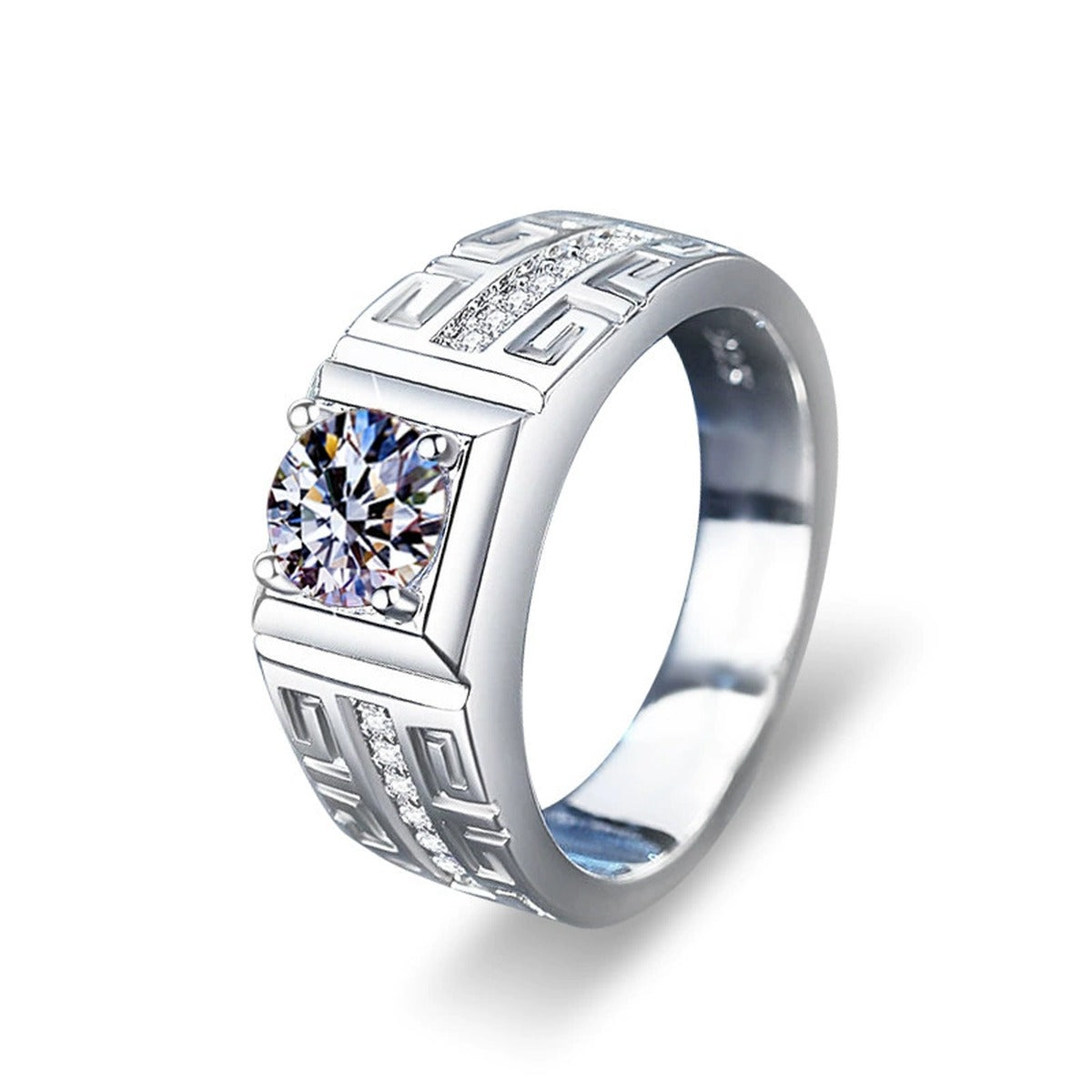 Greek Key Couples Round Moissanite Wedding Rings in white gold-plated S925 sterling silver on clean white background