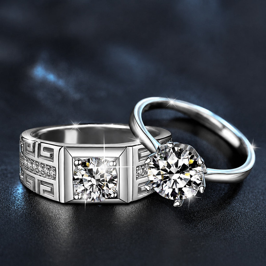 Greek Key Couples Round Moissanite Wedding Rings close-up detail view with moissanite sparkle