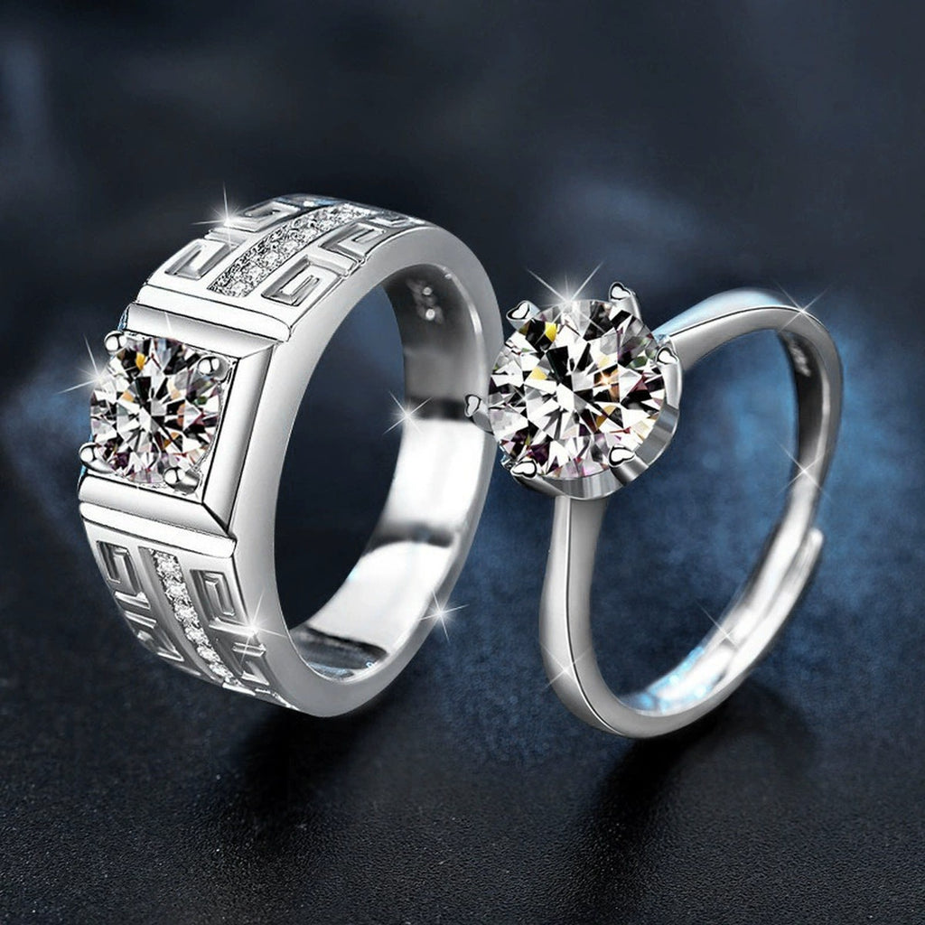 Greek Key Couples Round Moissanite Wedding Rings close-up detail view with moissanite sparkle