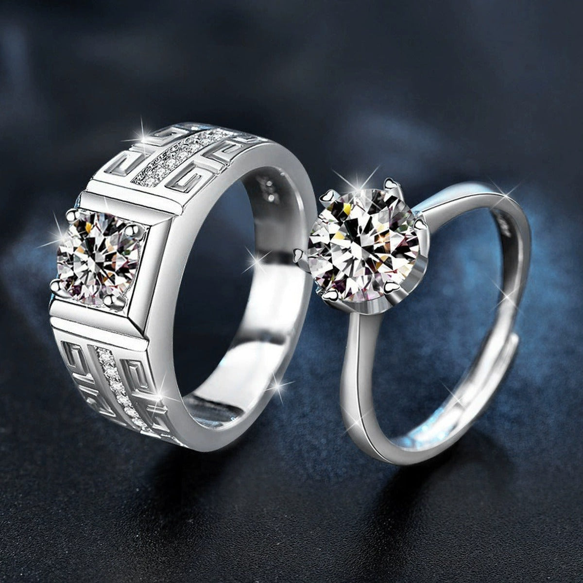 Greek Key Couples Round Moissanite Wedding Rings close-up detail view with moissanite sparkle