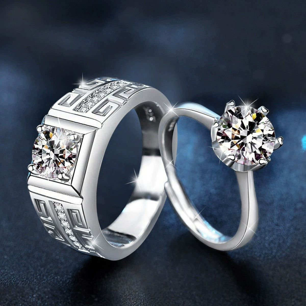 Greek Key Couples Round Moissanite Wedding Rings close-up detail view with moissanite sparkle