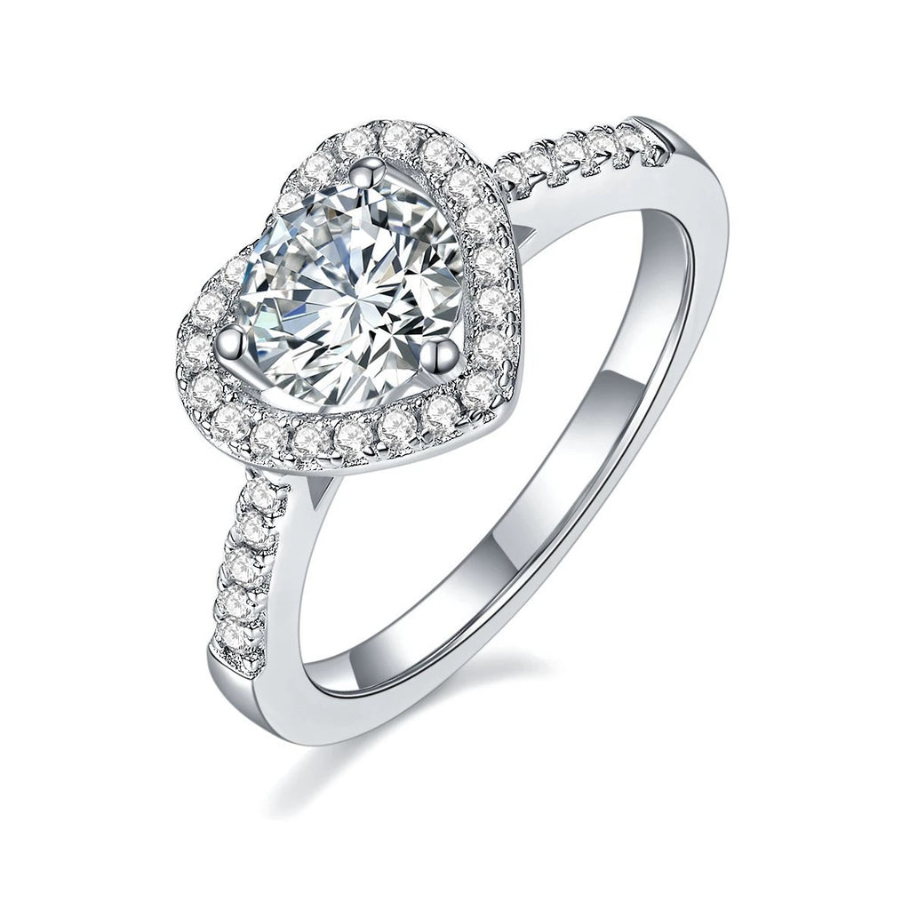 Heart Halo Round Moissanite Engagement Ring with CZ in white gold-plated S925 sterling silver on clean white background