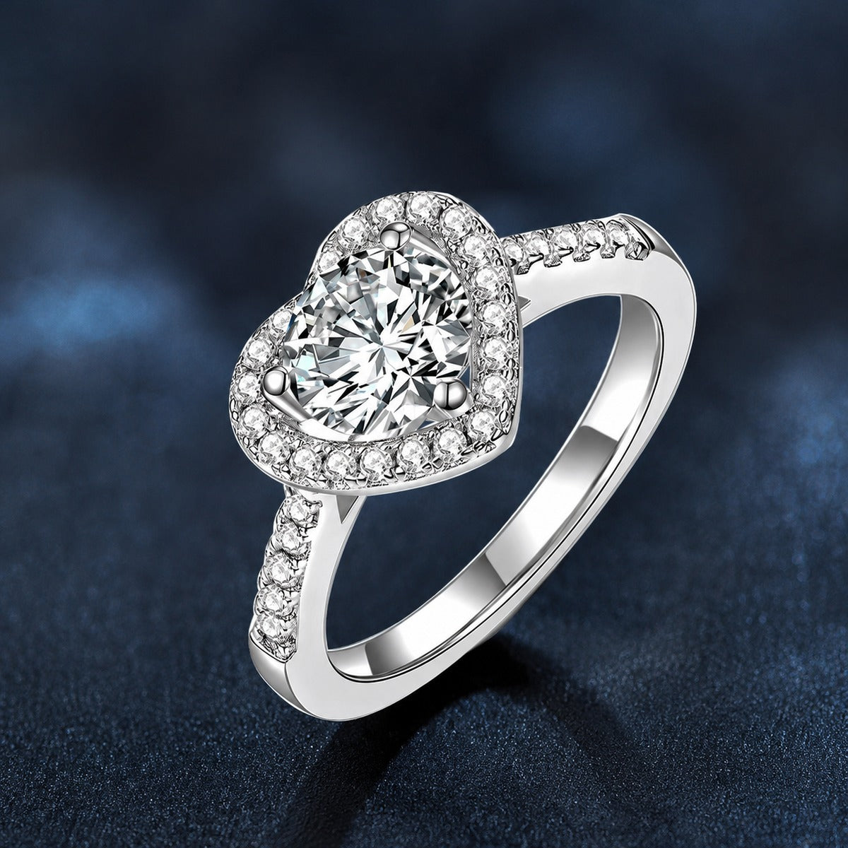 Heart Halo Round Moissanite Engagement Ring with CZ close-up detail view with moissanite sparkle