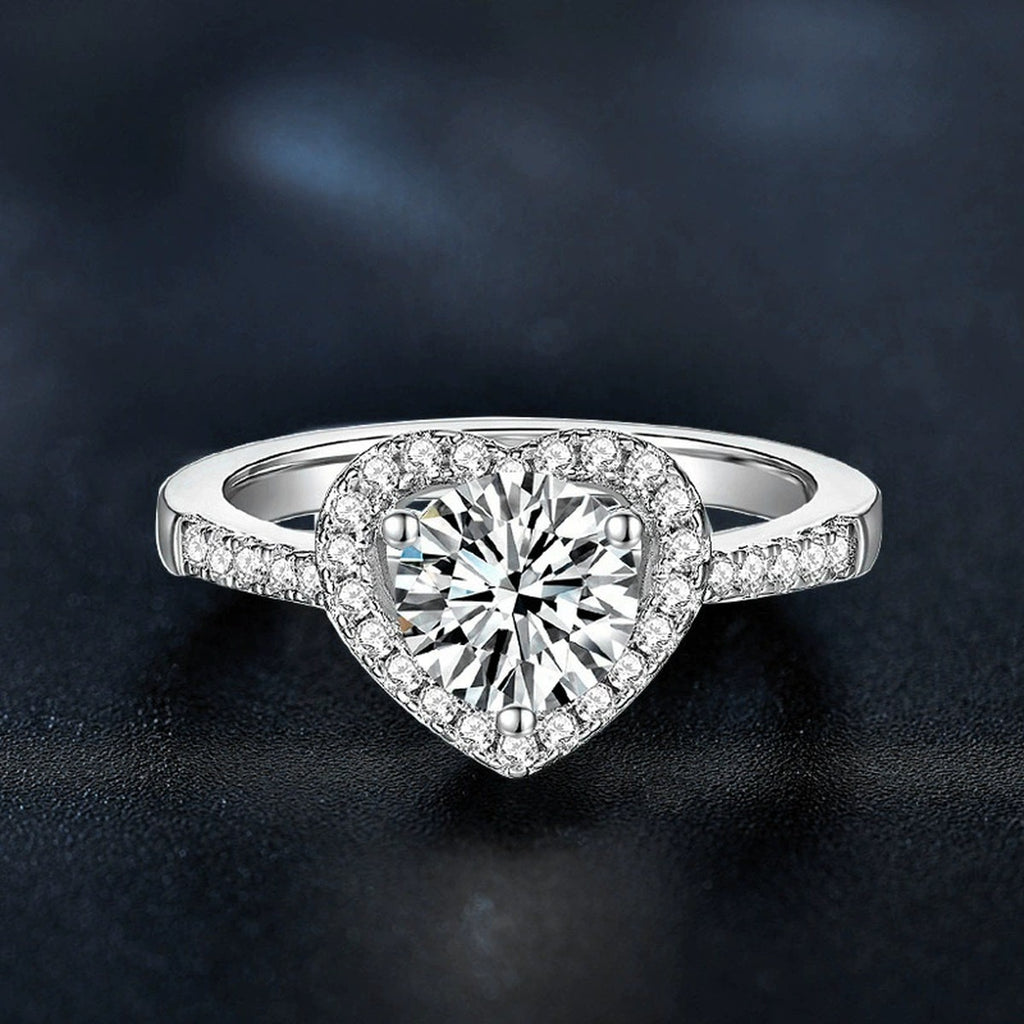 Heart Halo Round Moissanite Engagement Ring with CZ close-up detail view with moissanite sparkle