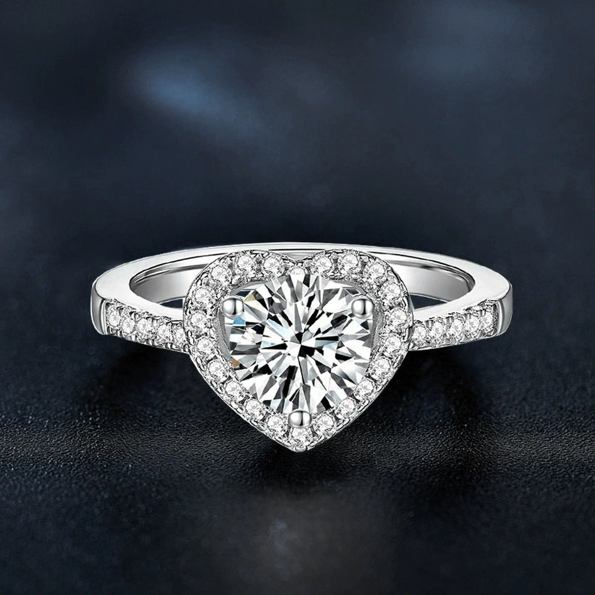 Heart Halo Round Moissanite Engagement Ring with CZ close-up detail view with moissanite sparkle