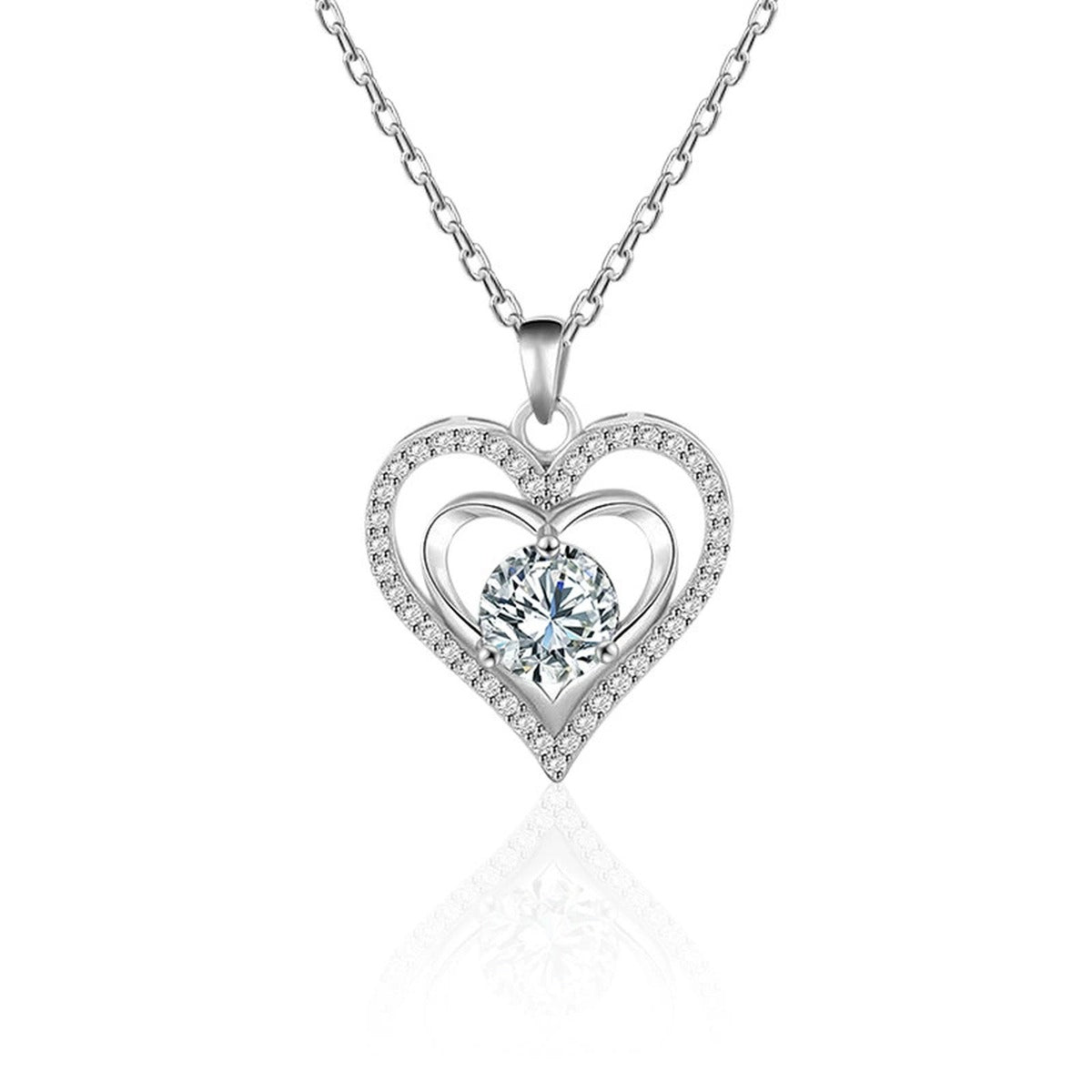 Heart Colored Moissanite Pendant Necklace with CZ in White Gold-Plated S925 sterling silver white background product photo showing open heart pendant with colored round moissanite options and CZ frame