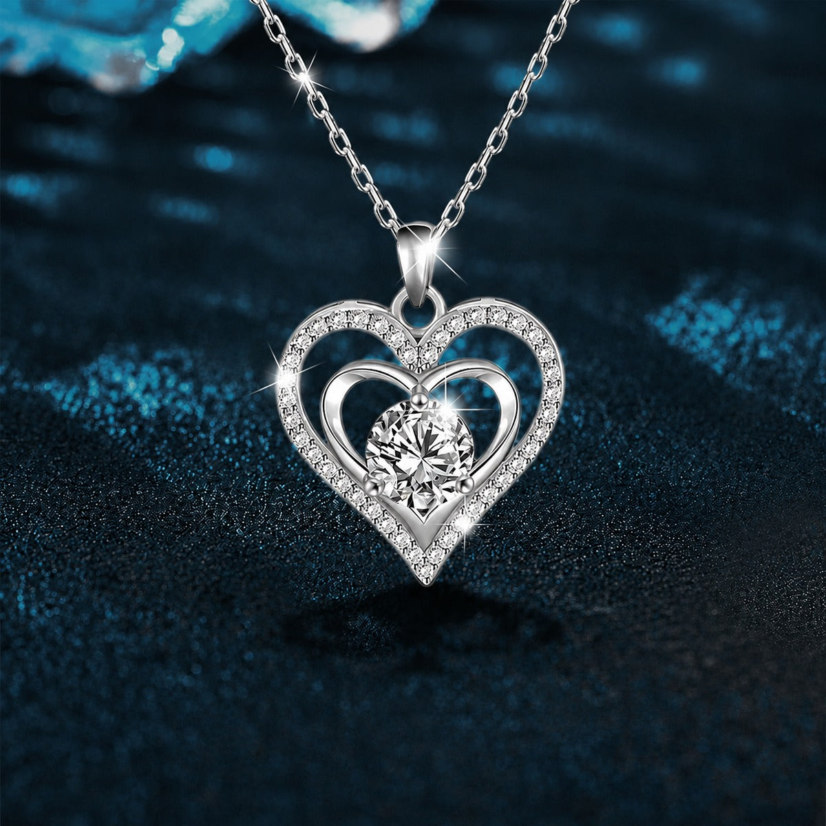 Heart Colored Moissanite Pendant Necklace with CZ in White Gold-Plated S925 sterling silver close-up product scene showing pendant setting