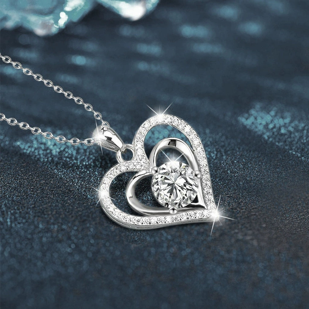 Heart Colored Moissanite Pendant Necklace with CZ in White Gold-Plated S925 sterling silver blue display scene showing chain and stone layout