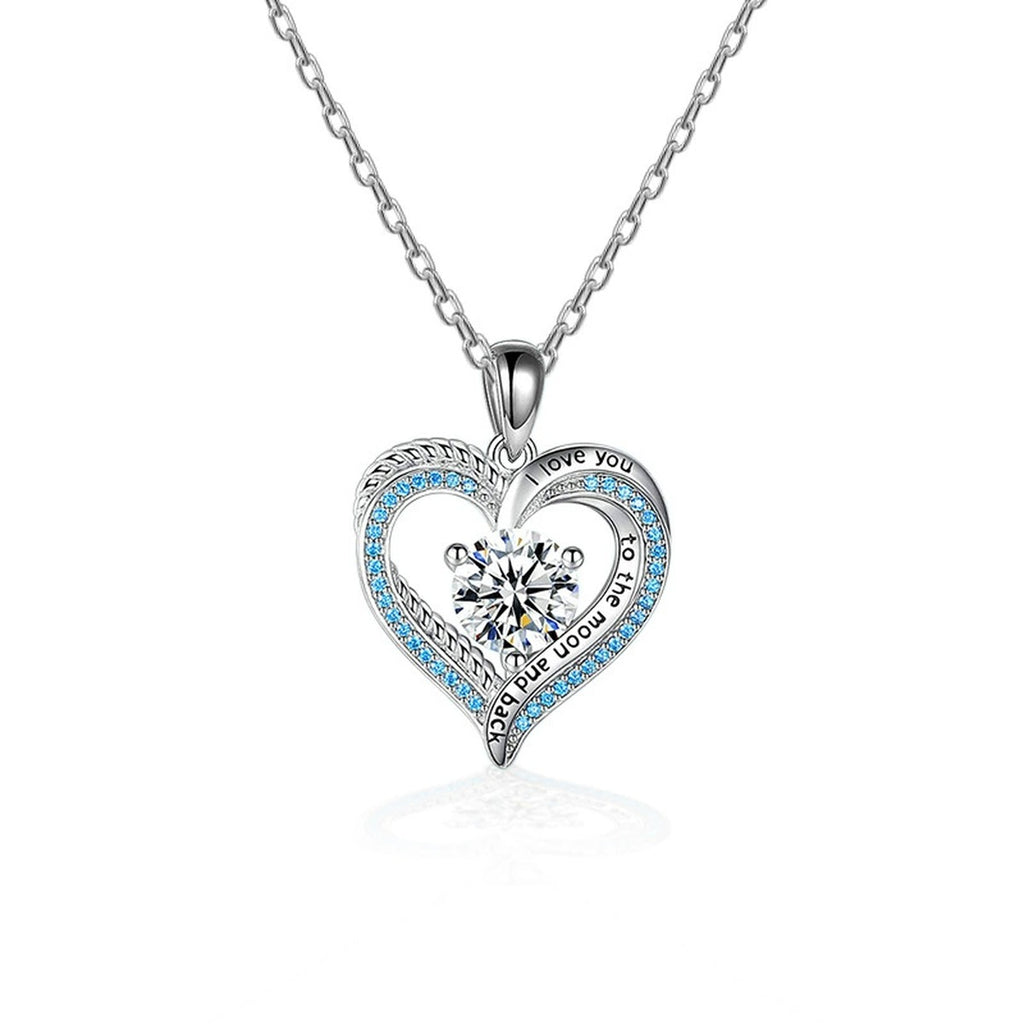 Ocean Heart Round Moissanite Necklace with CZ in White Gold-Plated S925 sterling silver white background product photo showing ocean heart pendant with round moissanite center and CZ wave detail