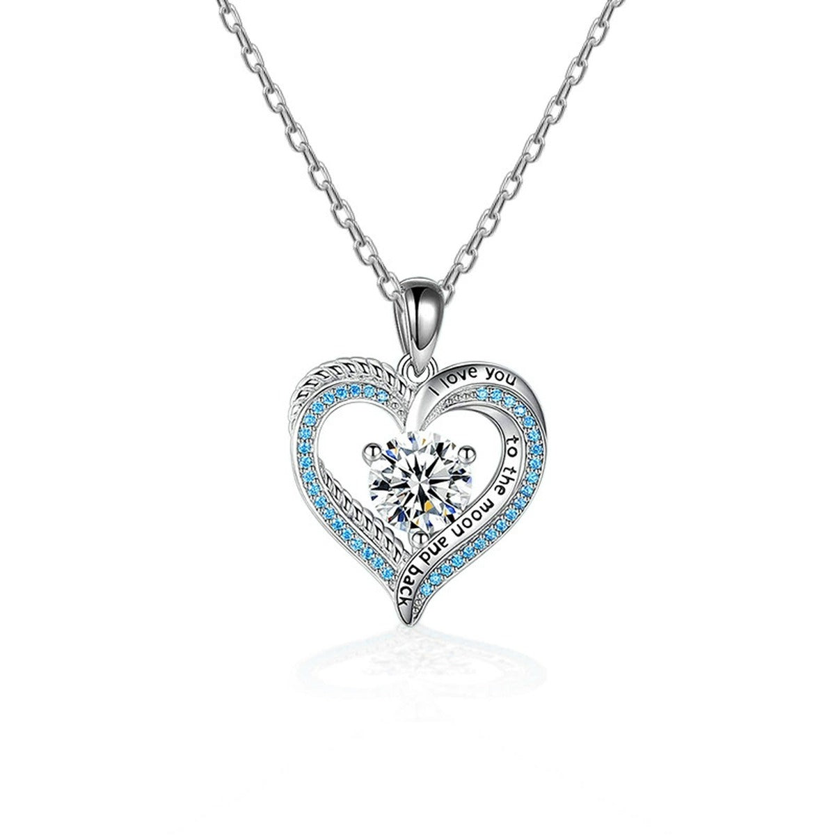 Ocean Heart Round Moissanite Necklace with CZ in White Gold-Plated S925 sterling silver white background product photo showing ocean heart pendant with round moissanite center and CZ wave detail