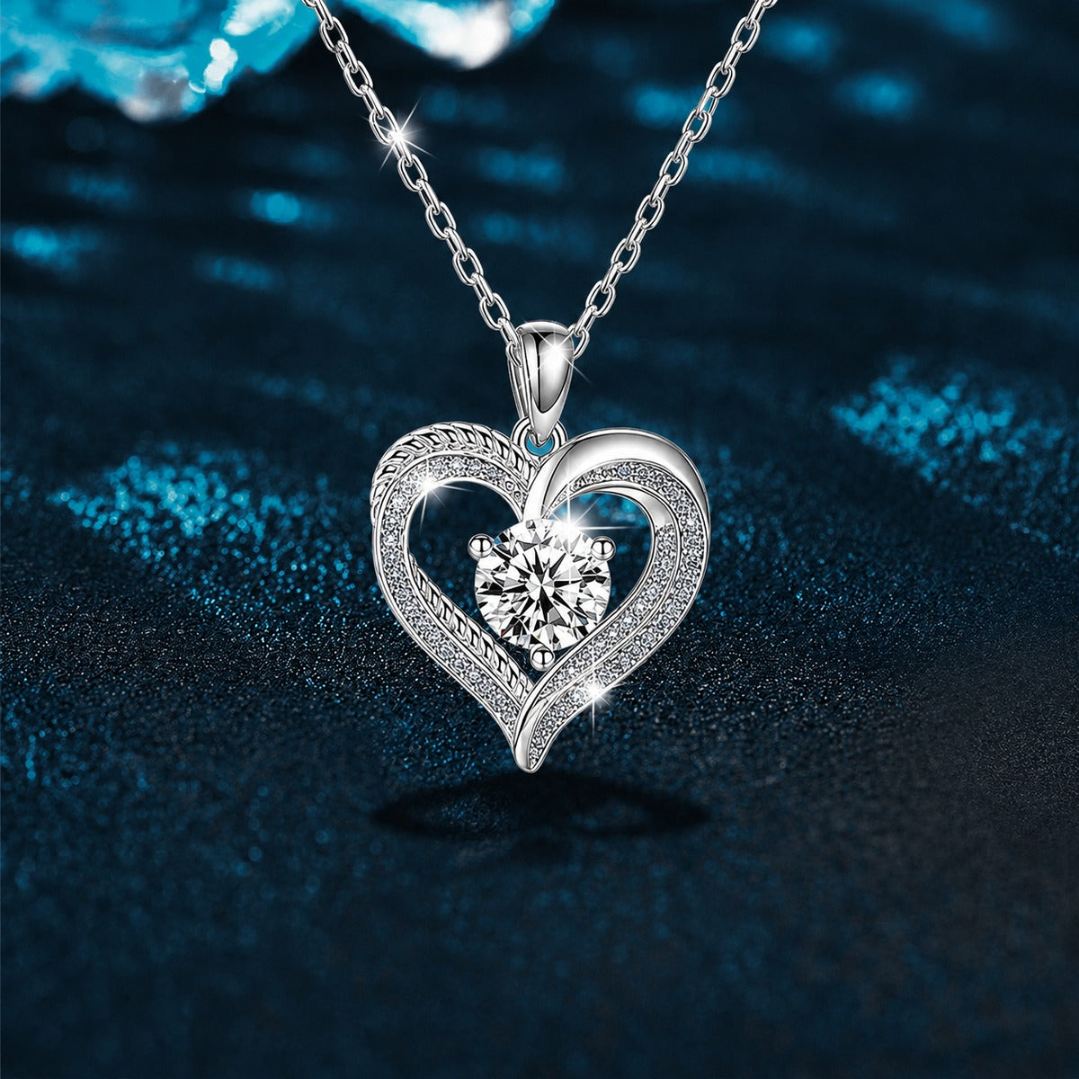 Ocean Heart Round Moissanite Necklace with CZ in White Gold-Plated S925 sterling silver close-up product scene showing pendant setting