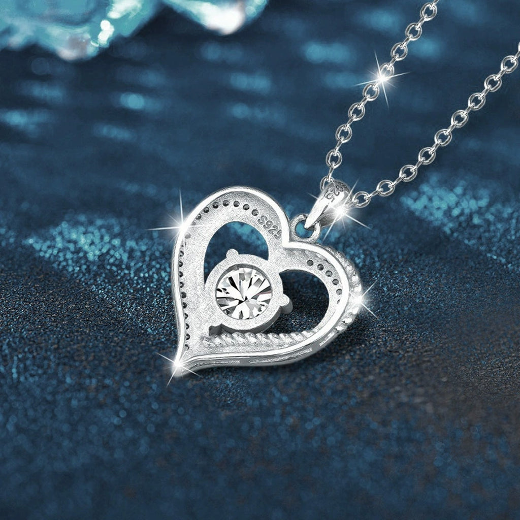 Ocean Heart Round Moissanite Necklace with CZ in White Gold-Plated S925 sterling silver blue display scene showing chain and stone layout