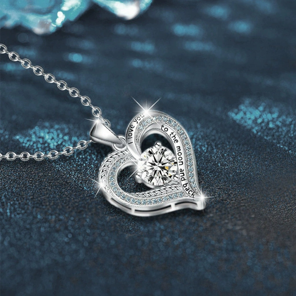 Ocean Heart Round Moissanite Necklace with CZ in White Gold-Plated S925 sterling silver angled product detail view