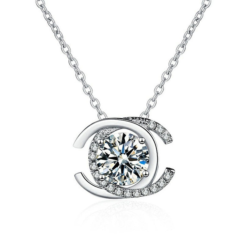 Crescent Halo Round Moissanite Necklace with CZ in White Gold-Plated S925 sterling silver white background product photo showing crescent halo pendant with a round moissanite center and CZ curve