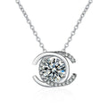 Crescent Halo Round Moissanite Necklace with CZ in White Gold-Plated S925 sterling silver white background product photo showing crescent halo pendant with a round moissanite center and CZ curve