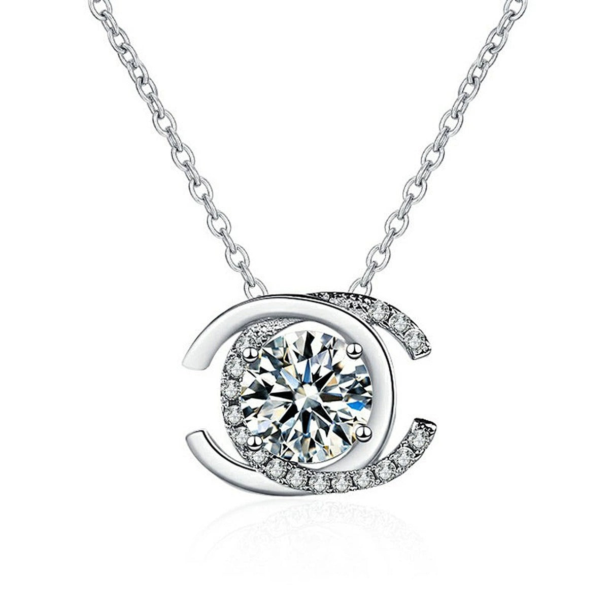 Crescent Halo Round Moissanite Necklace with CZ in White Gold-Plated S925 sterling silver white background product photo showing crescent halo pendant with a round moissanite center and CZ curve