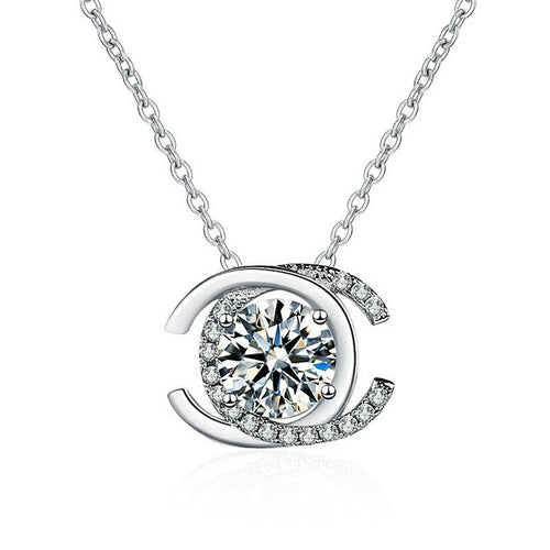 Crescent Halo Round Moissanite Necklace with CZ in White Gold-Plated S925 sterling silver white background product photo showing crescent halo pendant with a round moissanite center and CZ curve