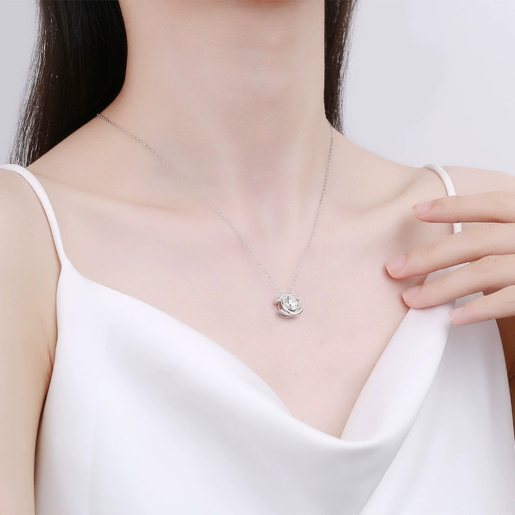 Crescent Halo Round Moissanite Necklace with CZ in White Gold-Plated S925 sterling silver neckline model view showing pendant scale and chain length