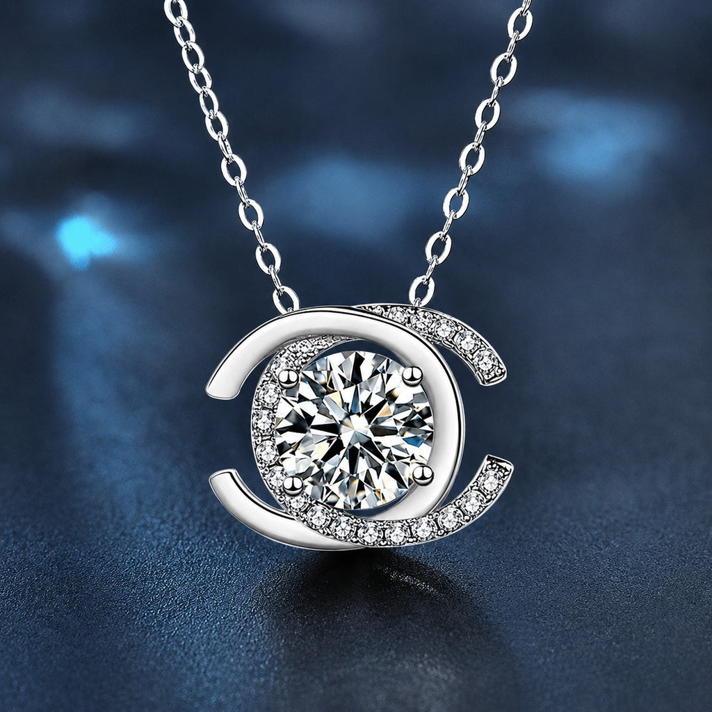 Crescent Halo Round Moissanite Necklace with CZ in White Gold-Plated S925 sterling silver close-up product scene showing pendant setting