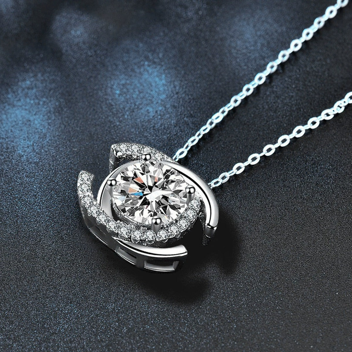 Crescent Halo Round Moissanite Necklace with CZ in White Gold-Plated S925 sterling silver blue display scene showing chain and stone layout