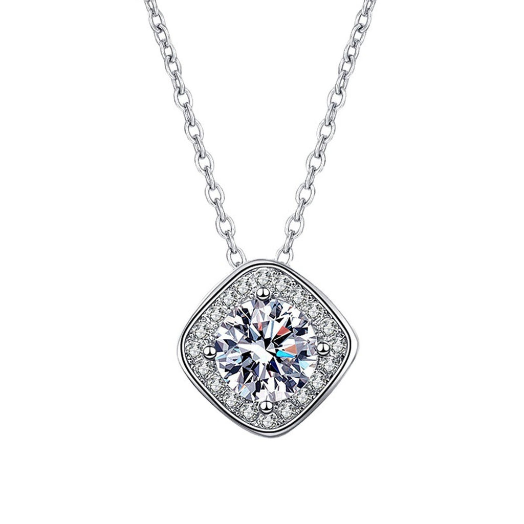 Cushion Halo Round Moissanite Necklace with CZ in White Gold-Plated S925 sterling silver white background product photo showing cushion halo pendant with a round moissanite center and CZ border