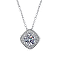 Cushion Halo Round Moissanite Necklace with CZ in White Gold-Plated S925 sterling silver white background product photo showing cushion halo pendant with a round moissanite center and CZ border