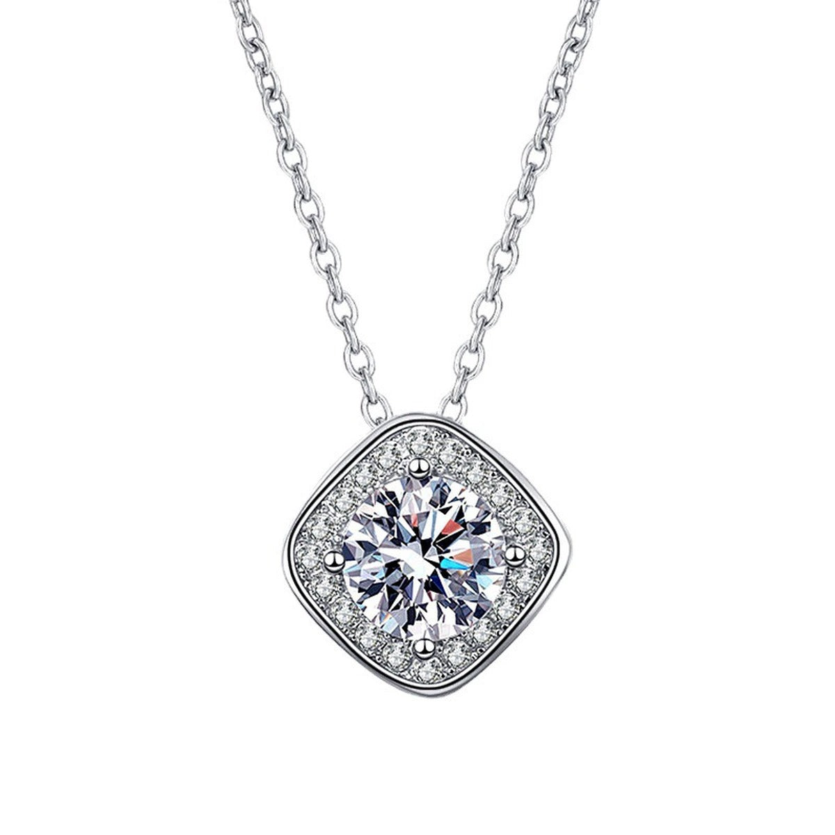 Cushion Halo Round Moissanite Necklace with CZ in White Gold-Plated S925 sterling silver white background product photo showing cushion halo pendant with a round moissanite center and CZ border