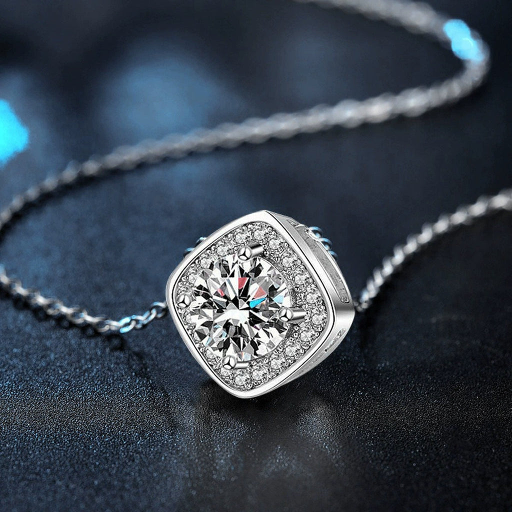 Cushion Halo Round Moissanite Necklace with CZ in White Gold-Plated S925 sterling silver close-up product scene showing pendant setting