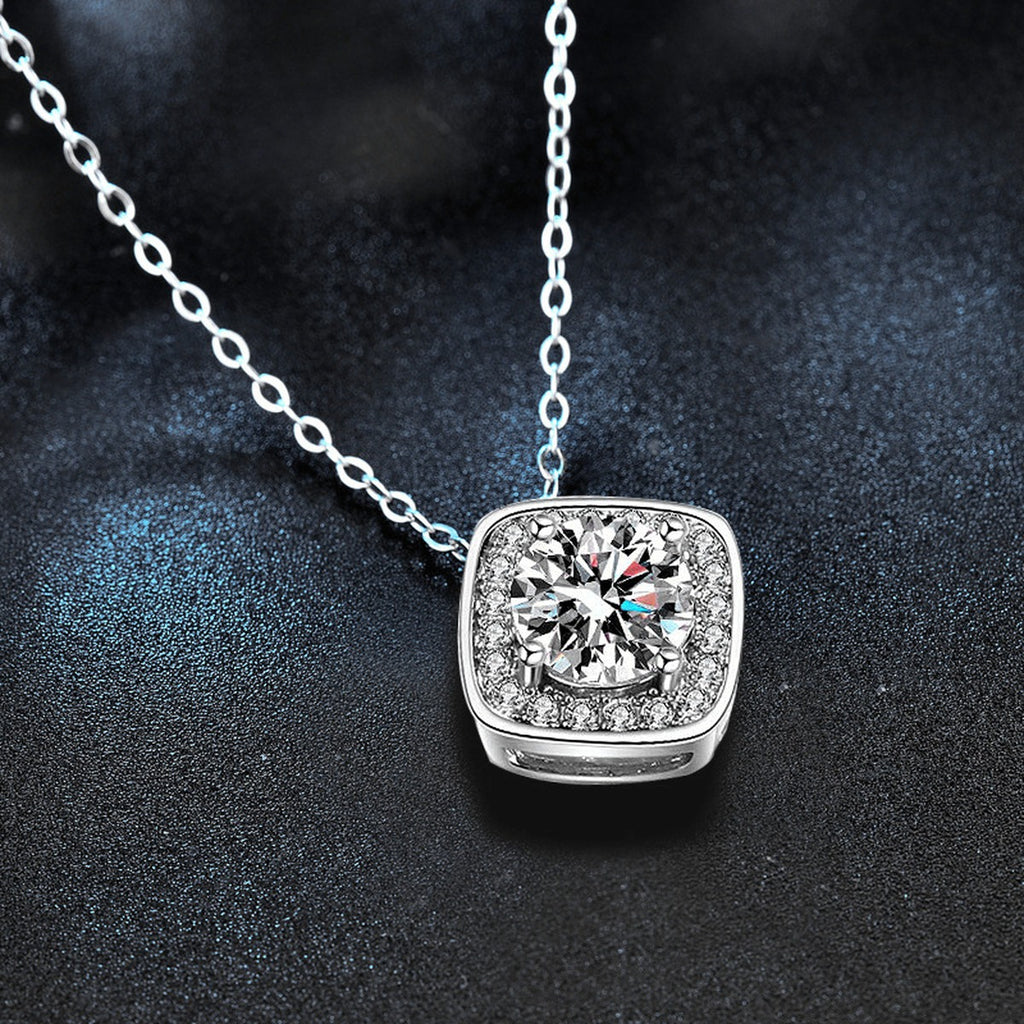Cushion Halo Round Moissanite Necklace with CZ in White Gold-Plated S925 sterling silver blue display scene showing chain and stone layout