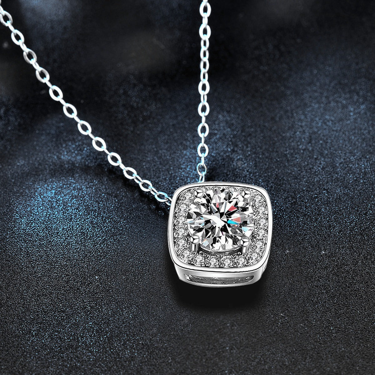 Cushion Halo Round Moissanite Necklace with CZ in White Gold-Plated S925 sterling silver blue display scene showing chain and stone layout