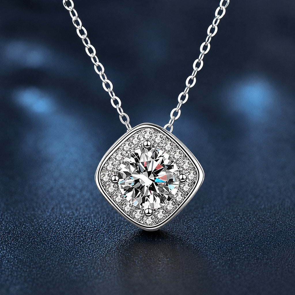 Cushion Halo Round Moissanite Necklace with CZ in White Gold-Plated S925 sterling silver angled product detail view