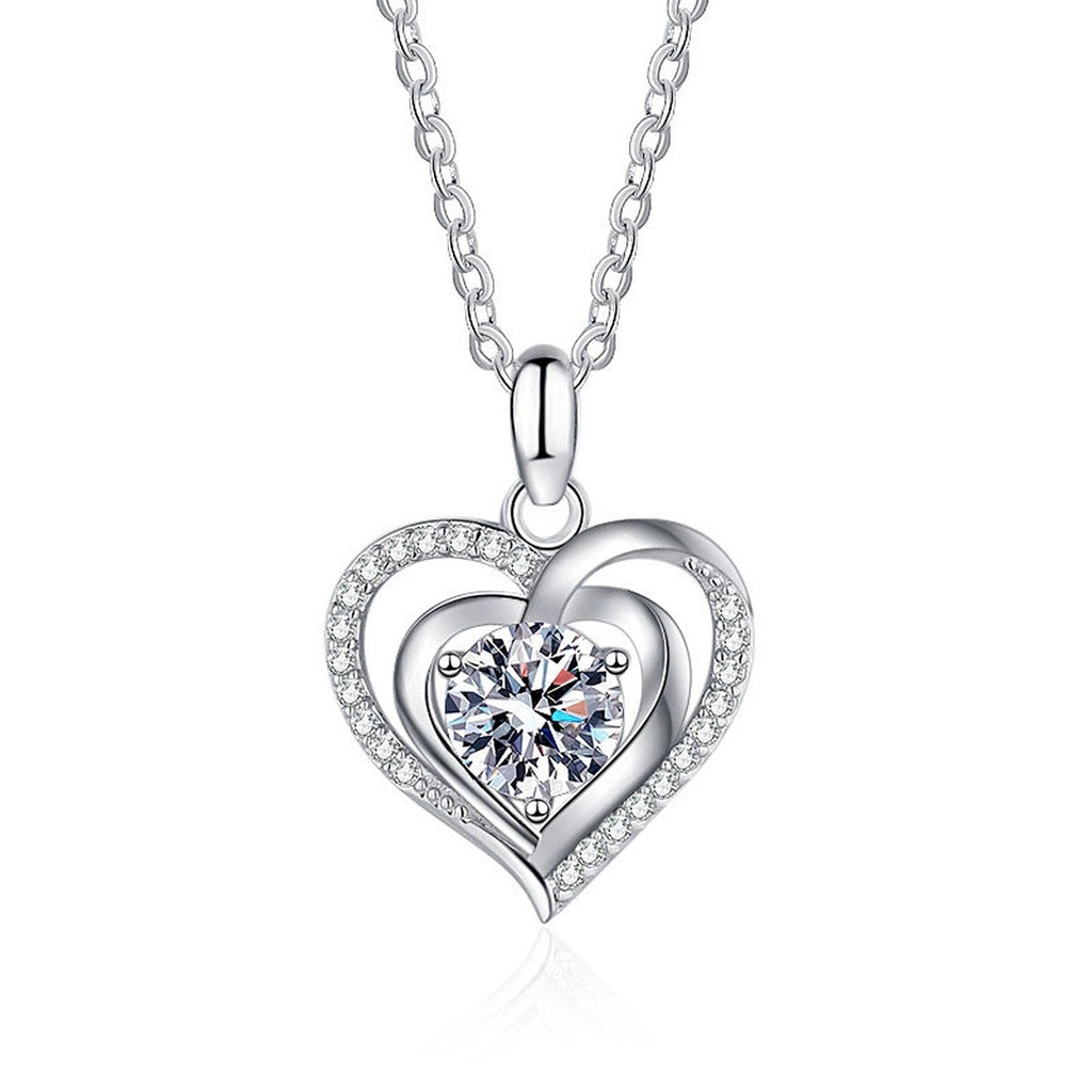 Heart Halo Round Moissanite Necklace with CZ in Gold-Plated S925 sterling silver white background front product view showing an open heart halo framing a round center stone