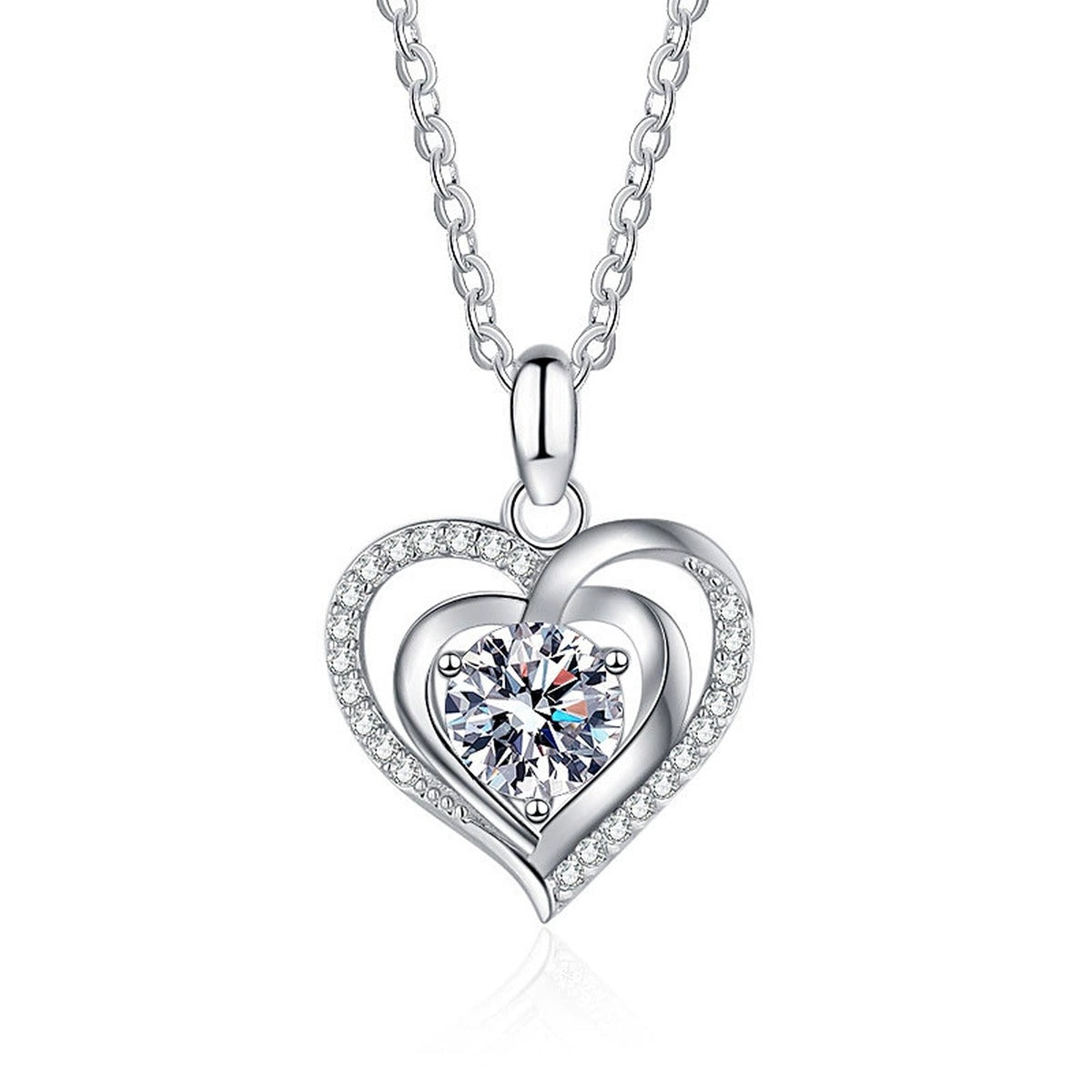 Heart Halo Round Moissanite Necklace with CZ in Gold-Plated S925 sterling silver white background front product view showing an open heart halo framing a round center stone