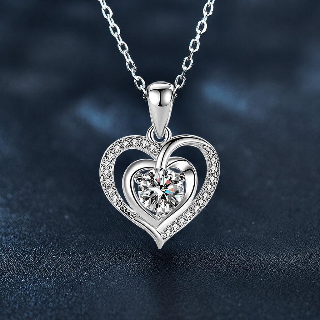 Heart Halo Round Moissanite Necklace with CZ in Gold-Plated S925 sterling silver close-up styled product scene showing pendant setting
