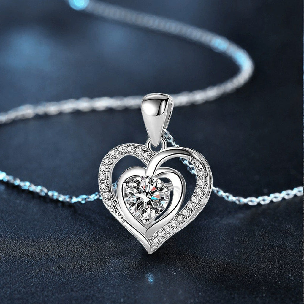 Heart Halo Round Moissanite Necklace with CZ in Gold-Plated S925 sterling silver display scene showing chain and stone layout