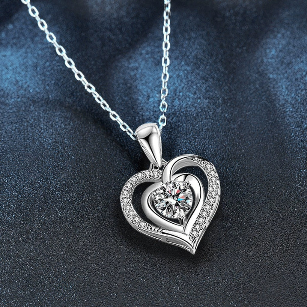 Heart Halo Round Moissanite Necklace with CZ in Gold-Plated S925 sterling silver angled product detail view
