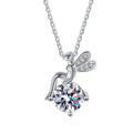 Flower Fairy Round Moissanite Necklace with CZ in White Gold-Plated S925 sterling silver white background product photo showing flower fairy floral pendant, round moissanite center, and CZ accents