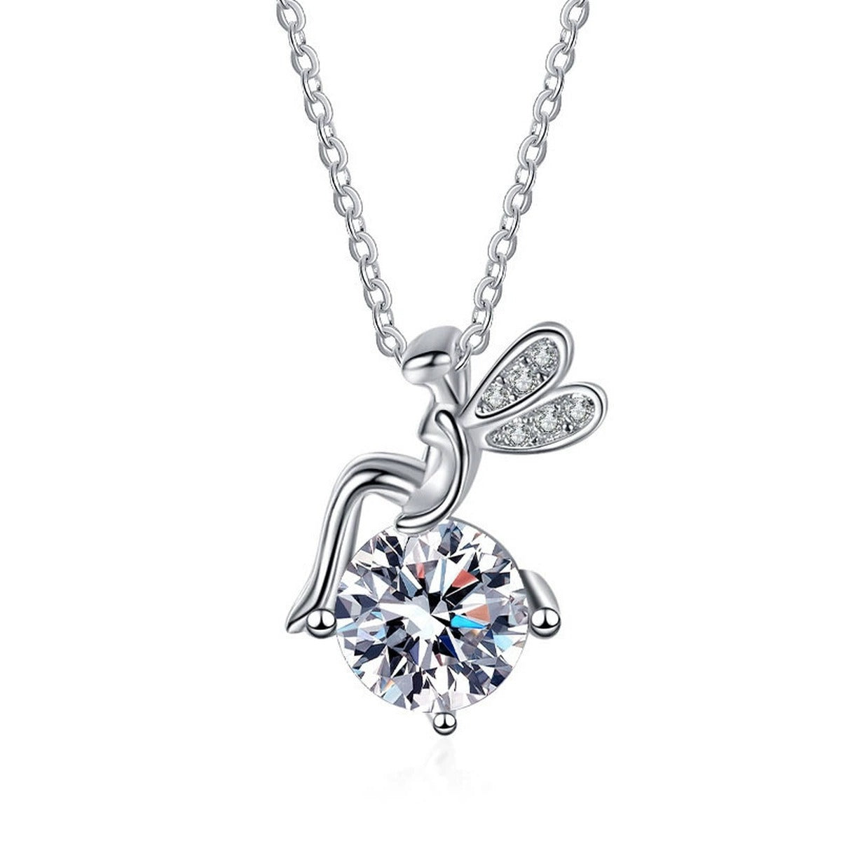 Flower Fairy Round Moissanite Necklace with CZ in White Gold-Plated S925 sterling silver white background product photo showing flower fairy floral pendant, round moissanite center, and CZ accents