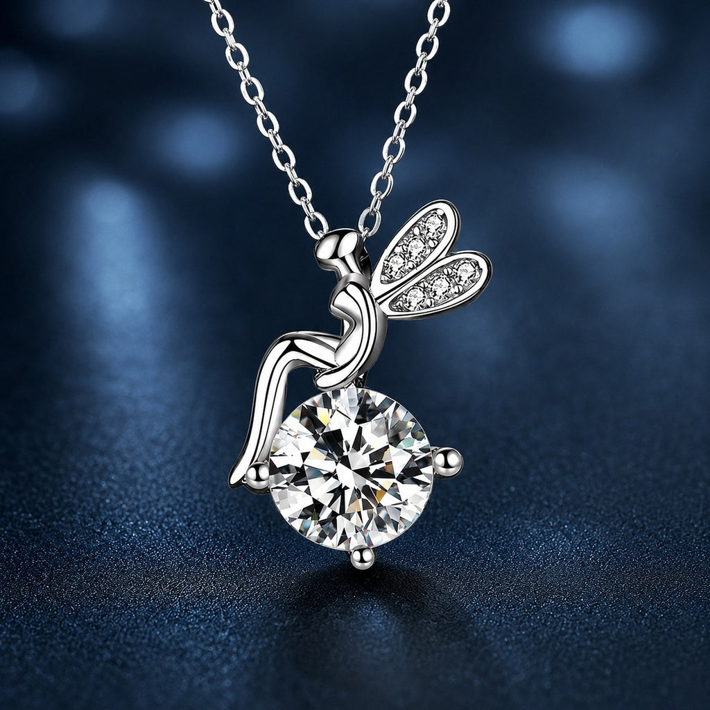Flower Fairy Round Moissanite Necklace with CZ in White Gold-Plated S925 sterling silver close-up product scene showing flower fairy floral pendant, round moissanite center, and CZ accents