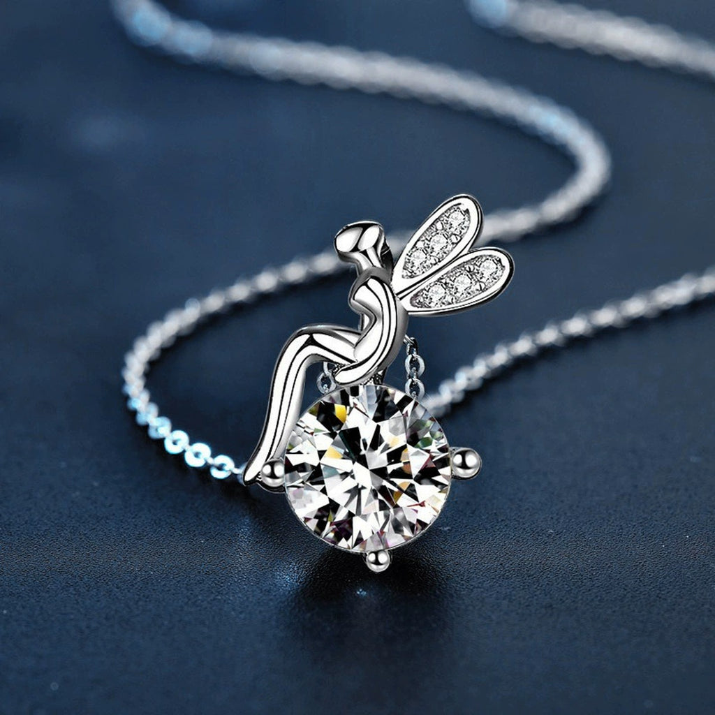 Flower Fairy Round Moissanite Necklace with CZ in White Gold-Plated S925 sterling silver additional product detail view showing flower fairy floral pendant, round moissanite center, and CZ accents